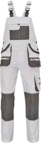 Stenso EM Arbeitshosen Männer - Latzhose Herren Arbeitshose mit Zwei Voluminösen Doppeltaschen, Brusttasche, Cargotasche, Verstärkten Knien, Werkzeugschlaufe - Arbeitslatzhose Herren - Weiß EU56