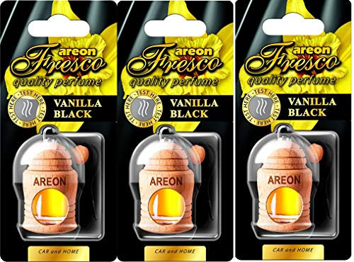 AREON Fresco Auto Vanille Schwarz Duft Glas Duftflakon Set Flakon Holz Set Hängend Anhänger Spiegel 4ml (Pack x 3)
