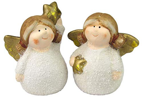 Weihnachtsengel - Weihnachtsdeko - 2er Set aus Keramik, Handbemalt (Engel mit goldenem Stern)
