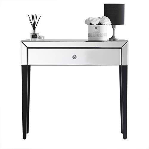 CARME - Toeletta Laguna Specchio, 1 Cassetto, Maniglia in Cristallo, Design Moderno in Vetro, Tavolo da Toilette per Gioielli e Cosmetici, Mobile Camera da Letto, Colore Oro Rosa