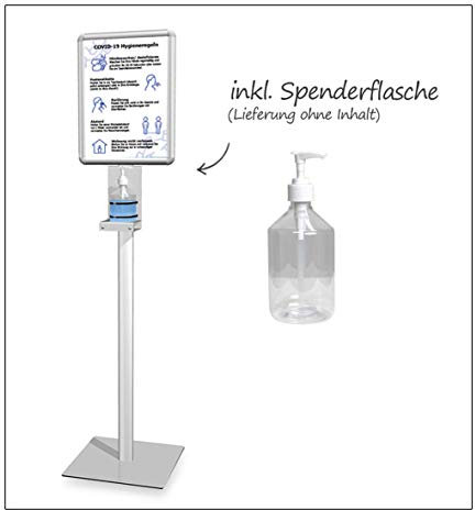 MyMAXXI | Mobiler Hand Desinfektionspender Info DIN A3 inkl. 12 x 1L Desinfektionsmitte Desinfektionsmittelstation Desinfektionsstation | disinfectant holder