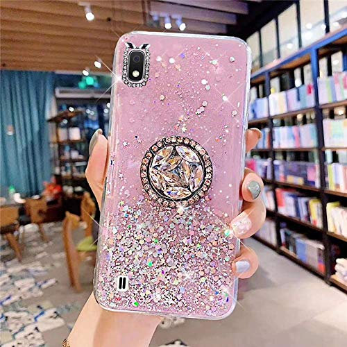 Uposao Kompatibel mit Samsung Galaxy A10 Hülle Glitzer Silikon Handyhülle mit Ring Halter Ständer Schutzhülle für Mädchen Glänzend Bling Strass Diamant Transparent TPU Handyhülle,Rosa