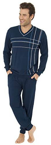 Eleganter Herren Pyjama Schlafanzug lang mit V-Hals - 202 101 90 771, Farbe:Marine, Größe:52