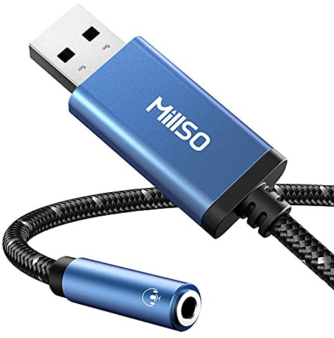 MillSO USB to 3.5mm Jack Audio Adapter, TRRS USB to AUX Audio Jack External Sound Card for Headphone, Speaker Mac, PC, Laptop, PS4, PS5 - Sapphire Blue + Braided + Smart Chip