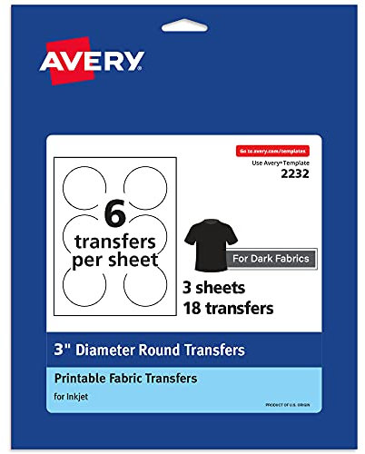 Avery Transferpapier dunkel für T-Shirts, 7,6 cm Durchmesser, vorgestanzt, zum Aufbügeln, Kreisdruck, 3 Blatt Wärmetransferpapier, insgesamt 18 Stück (02232)