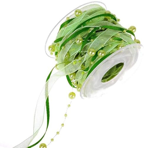 Duories 10m Perlengirlande mit Organza,8+3mm Perlenband,Geschenkband,Trendyband,Schleifenband,Dekoband Hängedeko Tischdeko Dekokette für Hochzeit Weihnachten Taufe Geburtstagsgeschenke,Grün