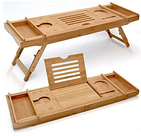 2 in 1 Bambus Badewannenablage Ausziehbar Badewannentablett, SPA Experience Wannenablage, Integrierter Buch und Regalhalter Weinglashalter, Stabile Badewannenbrett - Klappbare Tischbeine(Natur 2 in 1)