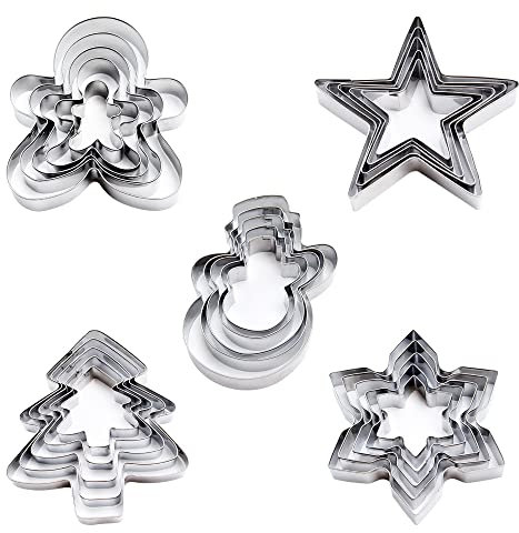 Pilikoll 25 Pcs Christmas Cookie Cutters Stainless Steel Christmas Biscuit Cutters Christmas Tree, Snowflake, Gingerbread Man, Star, Snowman Pastry Cutter for Kids Fondant Cookie DIY Baking