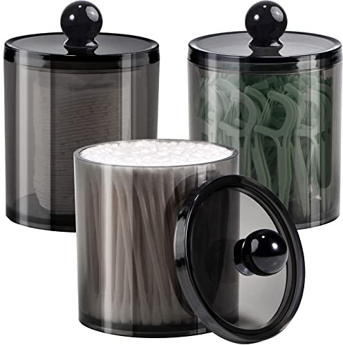 Qtip Spender Apothekergläser Badezimmer mit Etiketten, schwarzer Kunststoff-Qtip-Halter, Aufbewahrungsset für Wattebällchen, Wattestäbchen, Wattestäbchen, Zahnseide, Haarspangen, Haargummis, 3 Stück