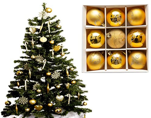 9pc Luxury Premium Baubles, Christmas Tree Bauble Decorations Matte, Glitter, shiny & Frosted (6cm) (Gold.)