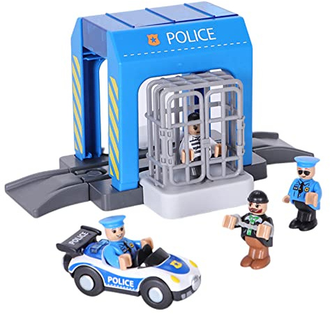 HANQIANN Police Station Playset Toy,Building City Police Scenes Train Set Compatible with All Wooden Train Tracks,Educational Train Accessory Toys for Boys and Kids (Assembly Required)