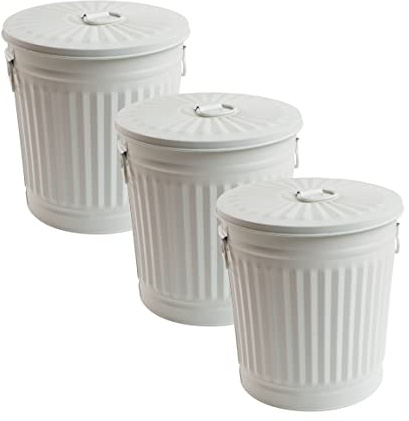 Jinfa 3 juegos de cubos de basura de diseño retro con tapa | blanco crema | Ø 36 cm, altura 36,5 cm, 35 litros