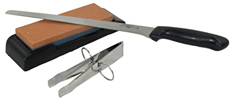 Fackelmann Set Cuchillo Jamonero Nirosta Elegant 23/34 cm Acero Inoxidable para Cortar Jamón en Finas Lonchas, y Piedra para Afilar Cuchillos Nirosta de 14x5 cm y Pinza para Jamón 11 cm Acero Inox.