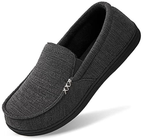 HomeTop Men's Moccasin Slippers Classic Breathable Premium Microsuede Indoor House Shoes with Elastic Gores Grey,8 UK