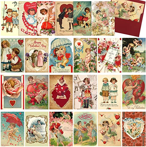 24 Stück Vintage Valentinstagskarten Valentinstagskarten mit Umschlägen, Retro-viktorianische Valentinstagskarten, sortierte Grußkarten für Klassenzimmer, Austausch, Basteln, Hochzeit, Verlobung,
