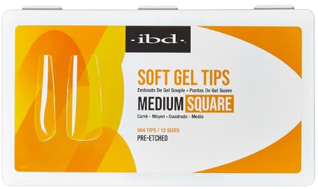 IBD Soft Gel Tips Medium Square – 504 Stück, 12 Größen – MADE IN USA – Transparente Nagelspitzen – weiche Gelspitzen für Nagelverlängerung – kurze Mandelform