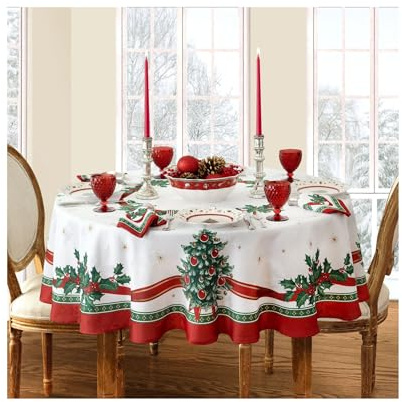Elrene Home Fashions Villeroy & Boch Toy's Delight Christmas Wrinkle Resistant Fabric Tablecloth, Holiday Table Decor, 60x84 Oval, Multi