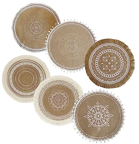 6er Set 38cm gewebte runde Tischsets W?rmeisolierung rutschfeste Platzsets Untersetzer Waschbar Boho-Tischsets für Küche Esszimmer Hochzeit Tisch Party Dekoration (B)
