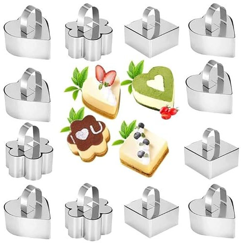 Qivine 12 Stück Dessertringe und Speiseringe, Edelstahl Mini Kuchenring mit Pressen, Ø 8cm Herz Viereck Blume Form Klein Tortenring Backen Formen für Desserts, Kuchen, DIY
