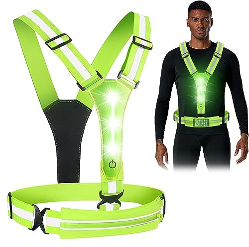 Tulov LED-Warnweste, verstellbare reflektierende Laufweste mit Organizer für Handy oder Schlüssel, mit DREI Lichtmodi Fast & Slow & Steady, Reflektorweste für Nachtjoggen, Wandern oder Radfahren