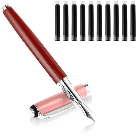 Cobee Metal Fountain Pens with 10 Black Ink Cartridges, 0.5mm Fine Nib Fountain Pen Smooth Writing Luxury Calligraphy Pen Office School Supplies (Red)