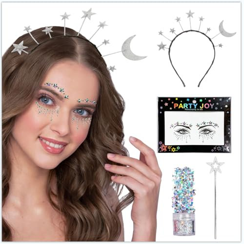 Singtis Mond Haarreif & Sterne Mond Stirnband Silber – Glitter Haarreif mit Strasssteinen und Glitzer Gesicht Sticker für Karneval, Fasching, Halloween, Musikfestival und Party