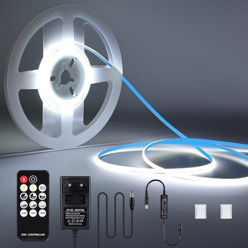 KWODE COB LED Strip 6000 K White Light, 2 m 768 LEDs Dimmable 3 mm Wide COB LED Strip, 12 V DC Flexible Light Strip with Power Supply and RF Remote Control for Living Room Bedroom Kitchen DIY