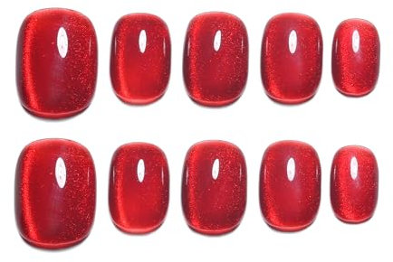 Sun&Beam Nails Handgefertigte Kunstnägel Kurz Squoval Rund Nägel zum Aufkleben in Rot Einfarbig Magnetisches Minimalistisch Design mit Klebepads 10 Stück (#163 M)