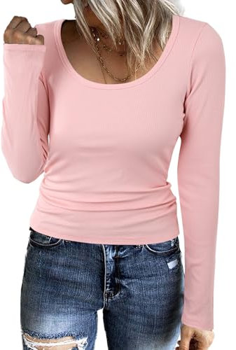 Aottori T-Shirts à Manches Longues Femme Coupe Classique Tee Shirt Décontracté Chic élégant Sweatshirt Blouse Casual Tunique Tops Rose XL