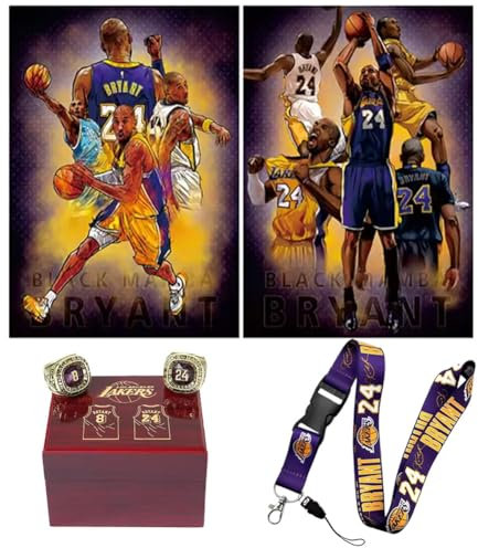 Edgell House Inspiriert von Kobe Bryant Collectibles Geschenkset – Zwei Meisterschaftsringe und Vitrine – ein 3D-Poster der Kobe Bryant Legends – ein Schlüsselband – All of it Black Mamba Themed