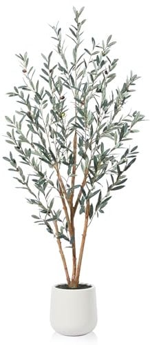 SOGUYI Piante Artificiali Ulivo, Pianta Artificiale in Seta Grande da 180 cm per la Decorazione Domestica di Interni, Piante Artificiali in Fioriera Bianca con Muschio Artificiale, Set di 1