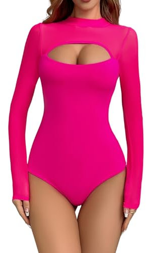 EVELIFE Women's Bodysuit Sexy Long Sleeve Cut out Top Ladies Sheer Mesh Turtle Neck Stretchy Basic Leotard(Pink,XXL)