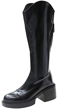 Stivali sopra il ginocchio da donna spessi con plateau – Stivali alti al ginocchio con tacco a blocco, in pelle PU, stivali alti in pelle verniciata, stivali da equitazione antiscivolo, Nero , 40 EU