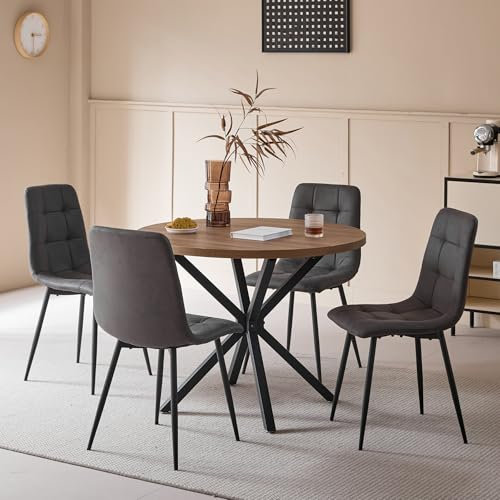 DEYARNA HOME Essgruppe 5-Teilig, 100cm Runder Esstisch und 4 Kunstleder Esszimmerstühle, Tisch und 4 Stühle für Küche, Wohnzimmer, Balkon, Restaurant, Büro (Dunkle Holzfarbe+Dunkelgrau)