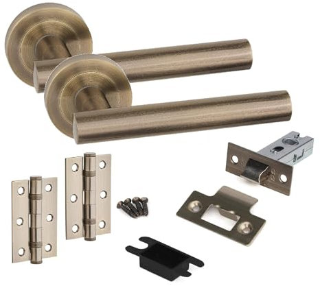 Golden Grace 1 Set Straight T-Bar Design Door Handles with Tubular Latch and 1 Pair of 3 Ball Bearing Hinges Antique Brass Finish