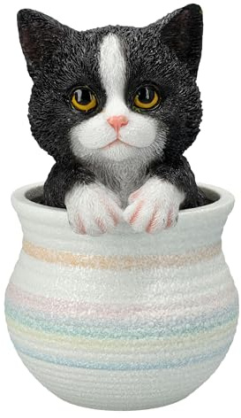 Katzenfigur Blumentopf – Dekofigur Katze schwarz-weiß, Tierfigur, 15,5 cm
