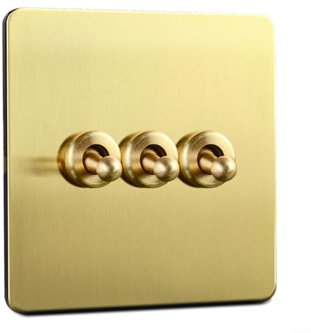 Emiif Brass Toggle Light Rocker Switch 1/2 Way Retro Lever 86 Type Plate Wall Switch Gold Handcrafted Decorative for Home Lighting Fan Control(3 Gang)