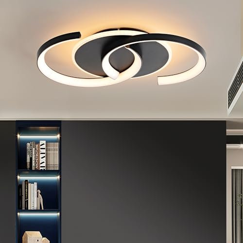 Meloweel LED Deckenleuchte Schlafzimmer 3000K warmes Licht, Modern schwarz „S“ 2-Ringe Deckenlampe 26W 40cm 2600lm, Schlafzimmerlampe, Flurlicht, Nicht dimmbar, Ohne Fernbedienung