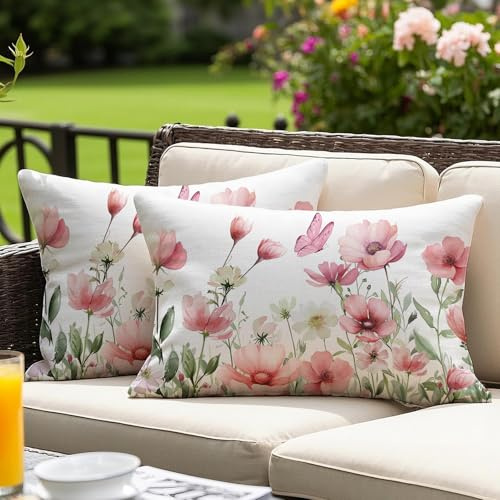 Vorysum 2er Set Outdoor Kissenbezug 30x50 cm Rosa Blumen Dekokissen Wetterfest Kissen Sommer Modern Kissenbezüge für Garten Sofa Couch Wohnzimmer Schlafzimmer Doppelseitiges Muster
