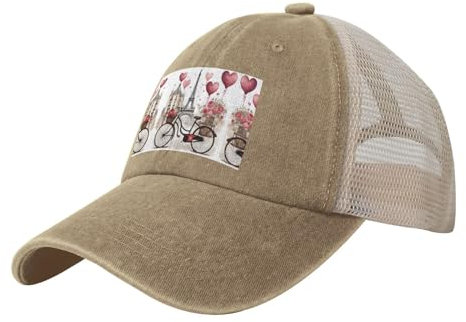 UVBDF Love Paris Baseballkappe für Damen und Herren, Motiv: Turm, Kaffee, Wein, Parfüm, Fahrrad-Herzdruck, flippig, Premium-Mesh mit Schnappverschluss, stilvoll, bequem, atmungsaktiv, natur