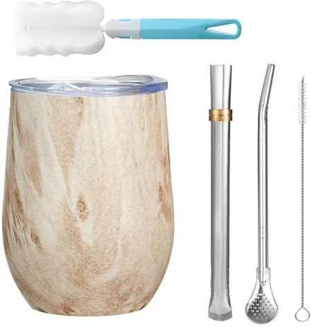 Acero Inoxidable Mate Cup, Juego de 360 ml Tazas para Mate, Reutilizable Taza moderna Mate, con Cepillo de Limpieza y Pajita para Mate, Acero Inoxidable de Doble, Para Café, Té(Color Madera de Pino)