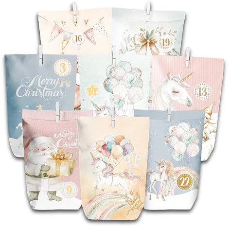Adventskalender Bastelset – 28 Papierbeutel zum Befüllen mit Karten, Clips & Schnur – DIY Advent Calendar Bags für Kinder & Familie, Weihnachts Deko & Geschenkidee (Einhorn)
