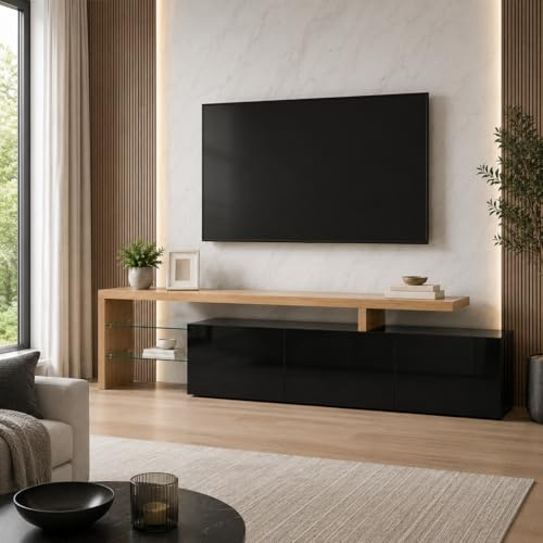 OLIVIBED Mobile TV per TV fino a 85 Pollici, Mobile per Televisore a 2 Scomparti con Ripiani in Vetro, elegante mobile TV Lowboard con 3 ante, mobiletto tv per soggiorno, camera da letto, Nero Lucido