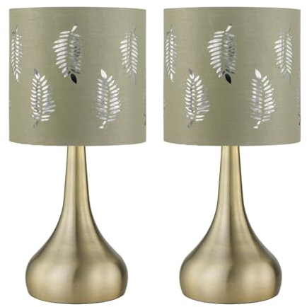 Set of 2 Romana - Antique Brass Touch Lamps with Sage Green Fern