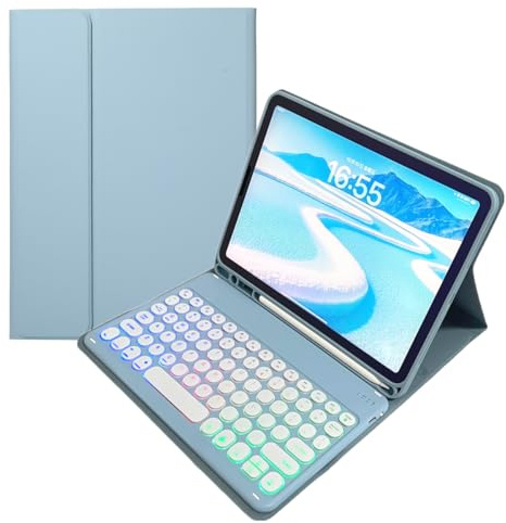 kaidisen Rainbow Backlit Keyboard Case for iPad 6th/5th Gen 2018/2017,iPad Air 2/1,Pro 9.7, 7 Colors Backlight Retro Round Key Detachable Keyboard Cover Cute Candy Color,Mist Blue