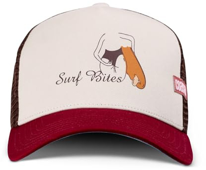 Coastal HFT Surf Bites Trucker Cap - Khaki/Wood/Dark Brown - High Fitted Mesh Baseball Cappy Surfer Ass - Unisex Surfing Sports Sommer Freizeit Kappe Kopfbedeckung + Stuff & Style Cap-Saver