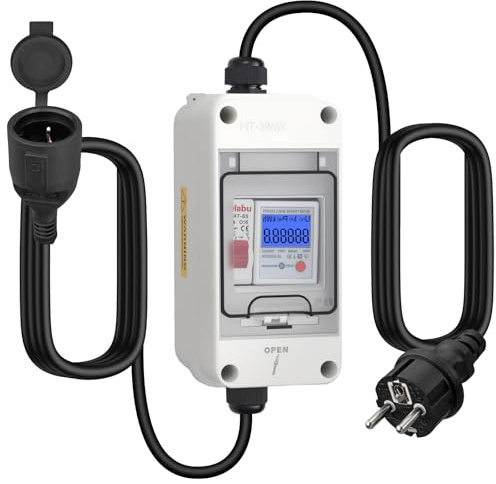 Kamtop Mobiler Digitaler Stromzähler, 230V 16A Outdoor Mobile KWH Messgerät mit LS-Schalter und Schuko, 2x1.5M Gummikabel, IP65 wasserdicht Zwischenzähler für Camping, Wohnmobil & Outdoor