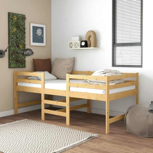 Runheo Massivholzbett Kiefer 90x200 cm, Einzelbett Jugendbett ohne Matratze, stabiles Bettgestell für Schlafzimmer, Naturholz