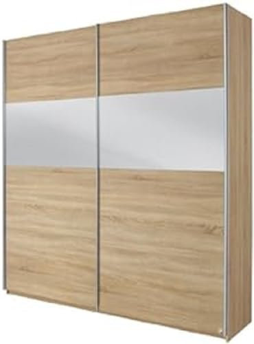 Rauch Möbel Quadra Kleiderschrank, Schwebetürenschrank, 2-türig, inkl. Zubehörpaket Basic 3 Einlegeböden 3 Kleiderstangen, Farbe Eiche Sonoma, BxHxT 226x210x62cm