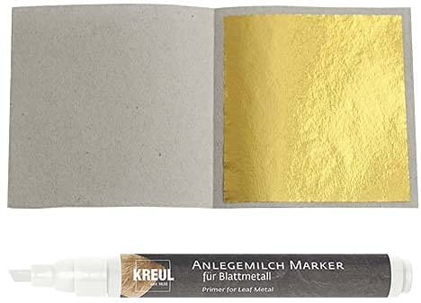 50 Blatt Blattgold Imitat Blattmetall Schlagmetall zum Vergolden & Basteln Kunst Handwerk Vergoldung Dekoration Möbel Malerei + 1 x Kreul Marker Anlegemilch im Stift